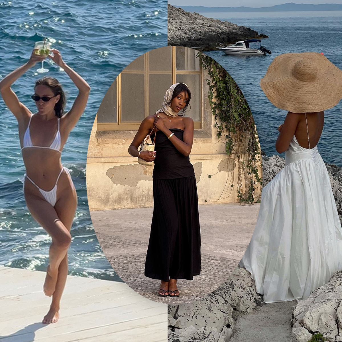 European vacation outfit ideas are shown in a collage