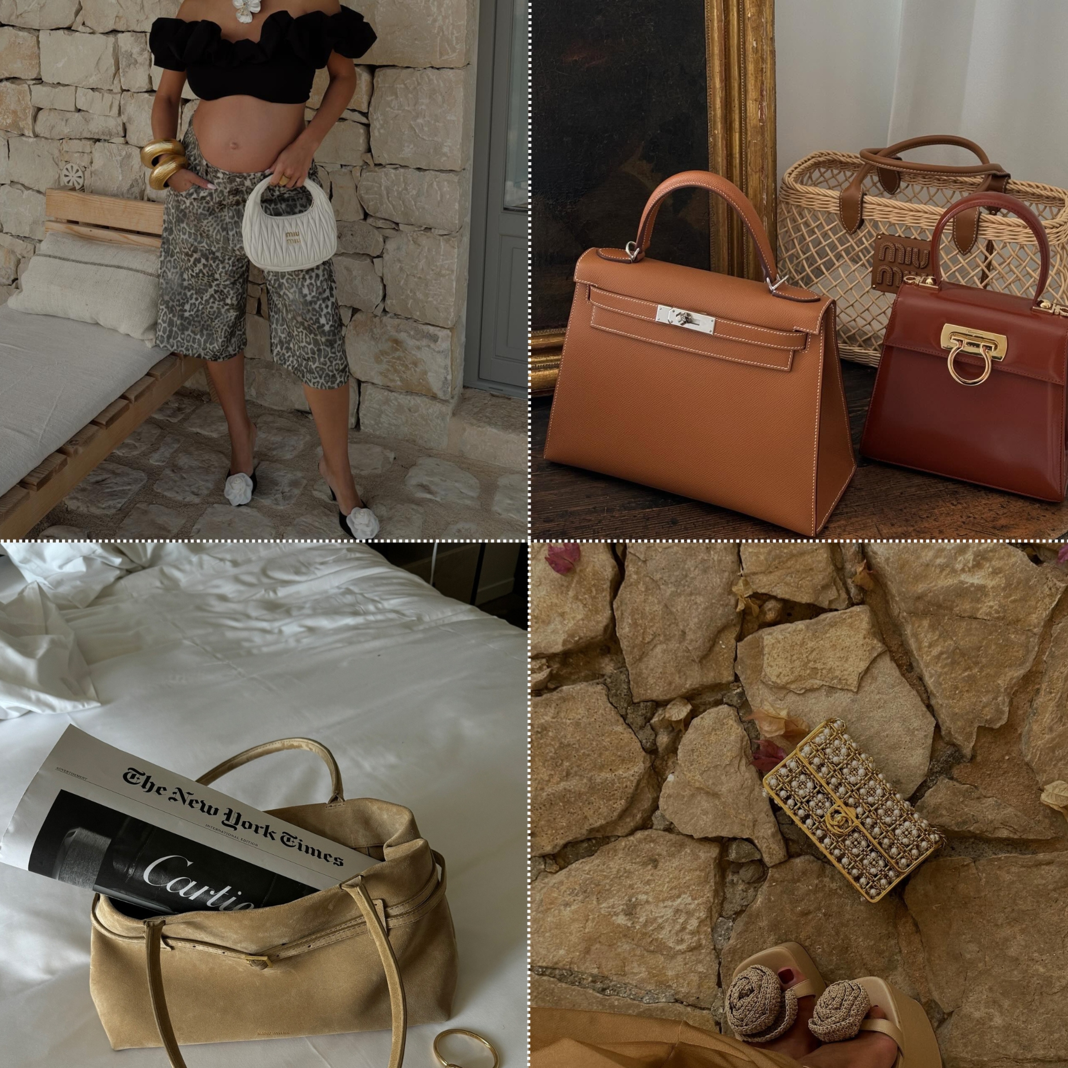 Woman on street wears beige waistcoat and beige trousers