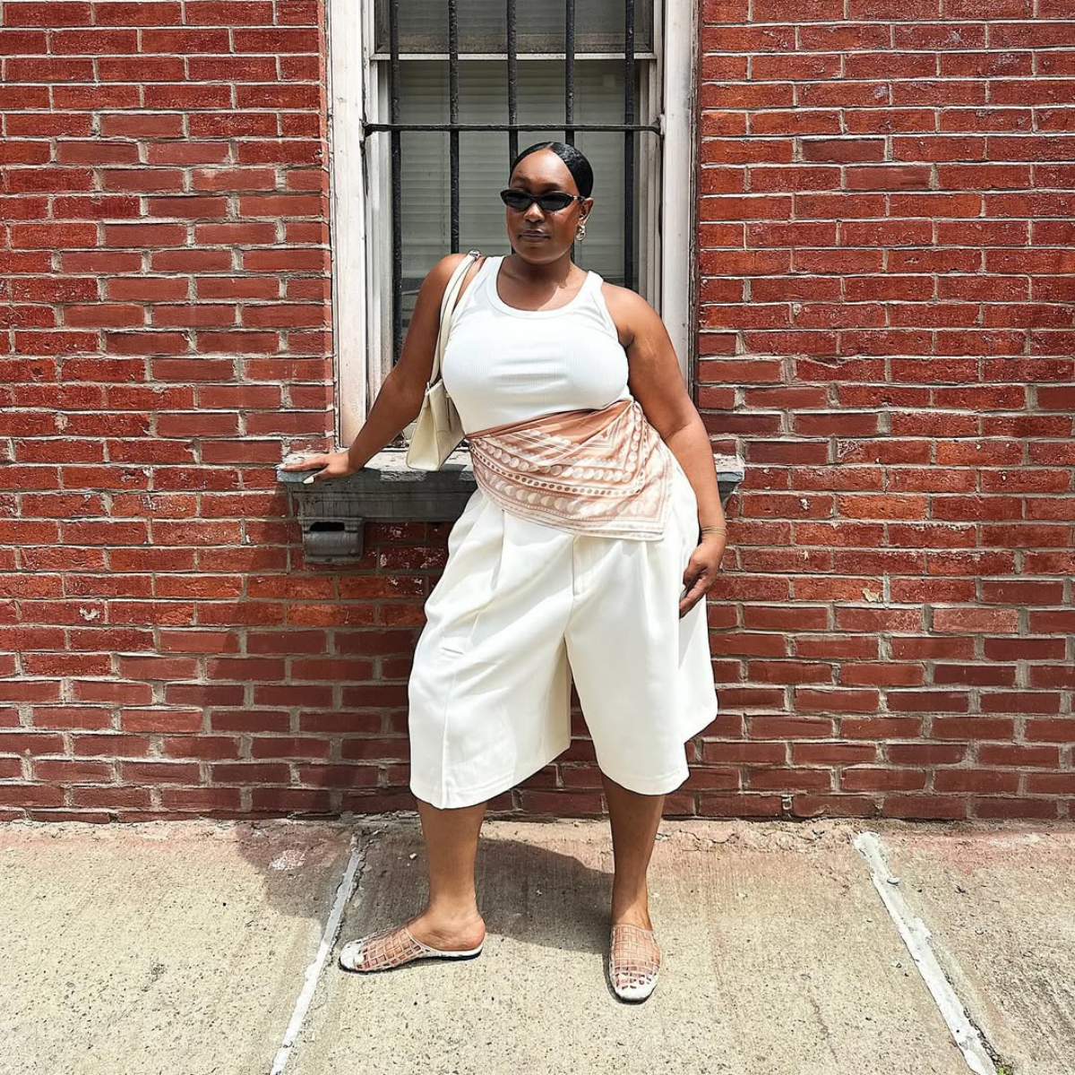 White culottes and mesh shoes outfit